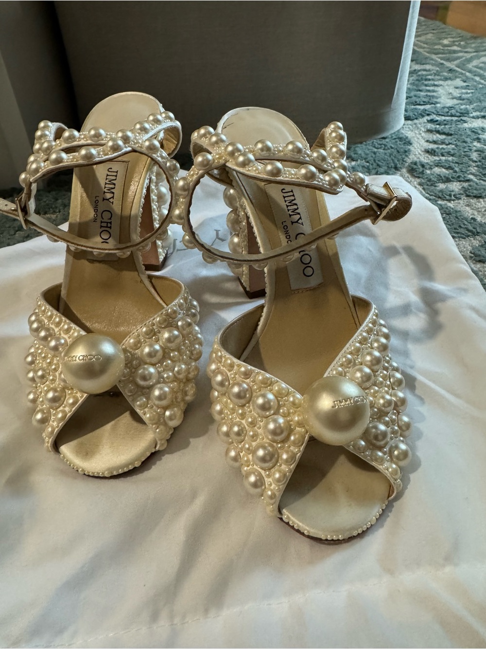 Jimmy Choo Wedding Shoes Pearl-Embellished Cream Heeled Sandals with Ankle Strap